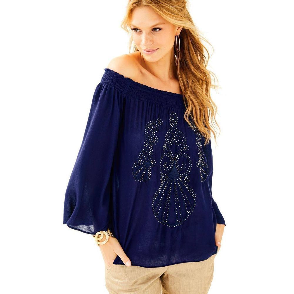 Lilly Pulitzer Nita Off The Shoulder Top Navy studded embellished blouse XS